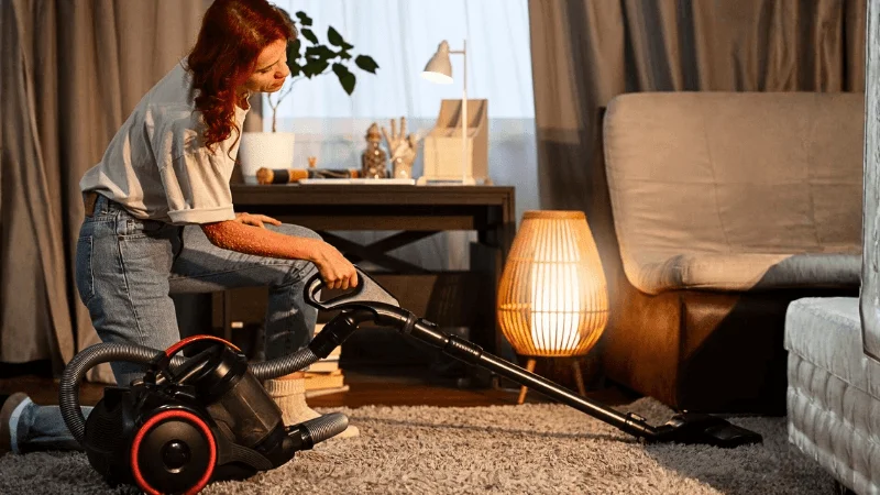 woman cleaning the carpet with portable vacuum cleaner