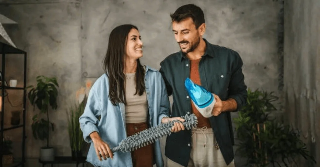 couple holding a portable vacuum cleaner and a broom