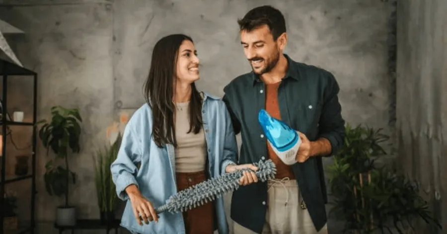 couple holding a portable vacuum cleaner and a broom