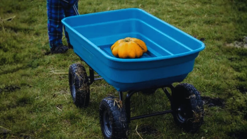 garden dump cart is being used to haul gardening produce in a backyard