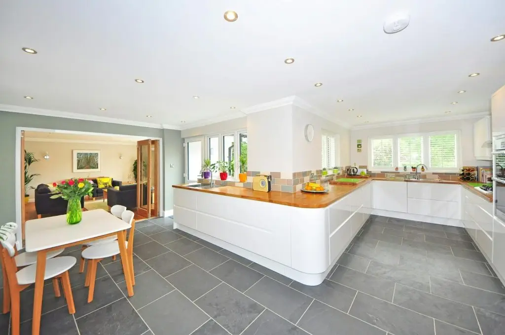 grey ceramic tile floor in kitchen