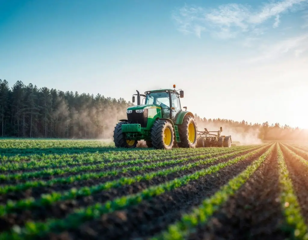 A tractor in the crop field