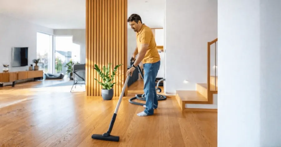 man cleaning his home using a vacuum cleaner for hardwood floors