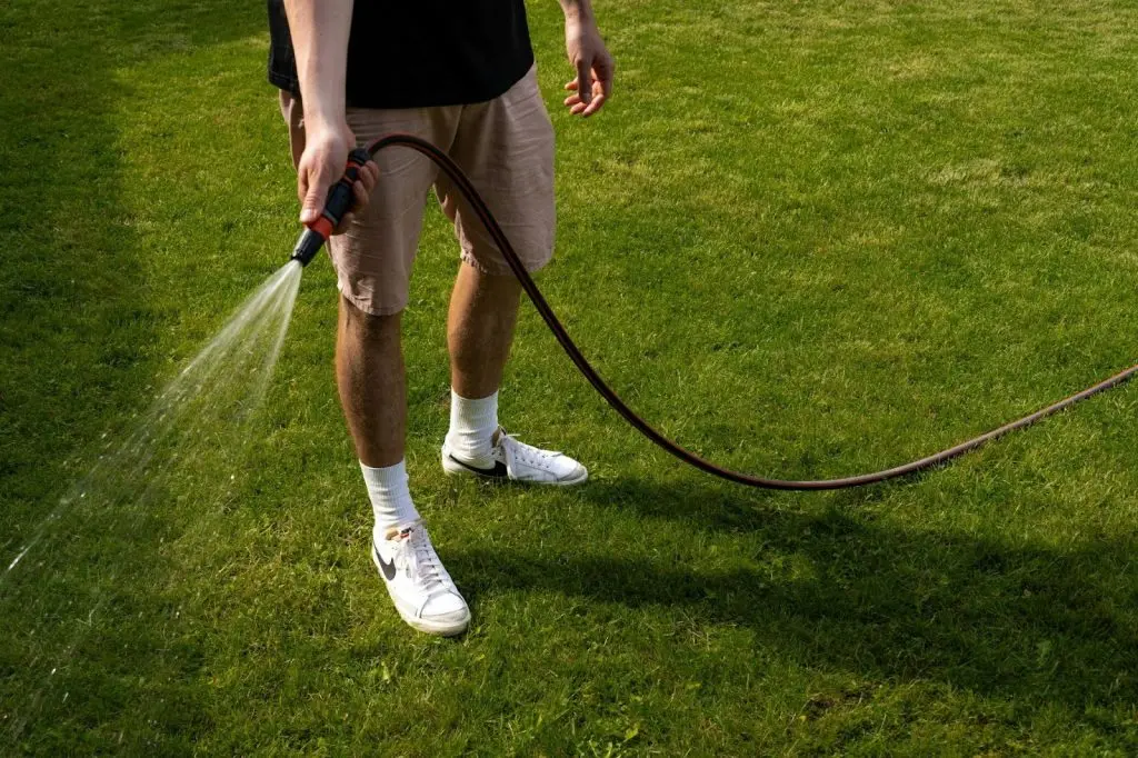 A homeowner applying a lawn spray to a healthy green backyard.
