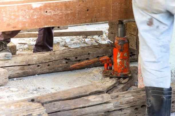 A bottle jack is being used at a construction site to support heavy beams