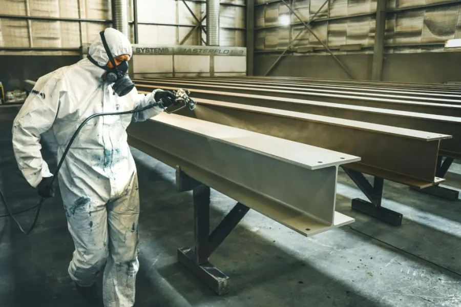A homeowner wearing safety gear and using a professional airless sprayer