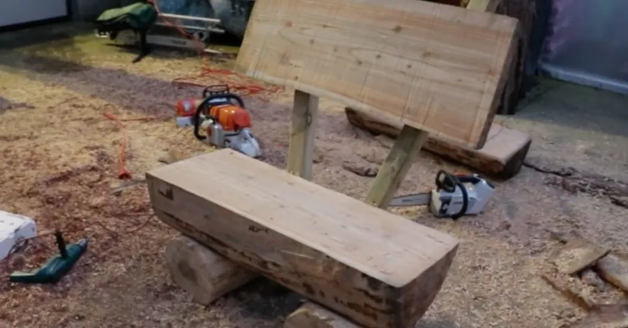 Build a wooden bench using a gas chainsaw