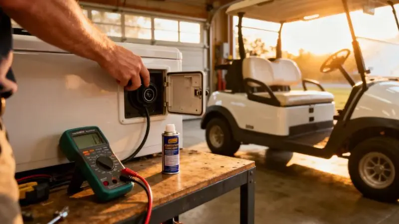 Sikkerhedsforanstaltninger for reparation af golfvognsbatterioplader