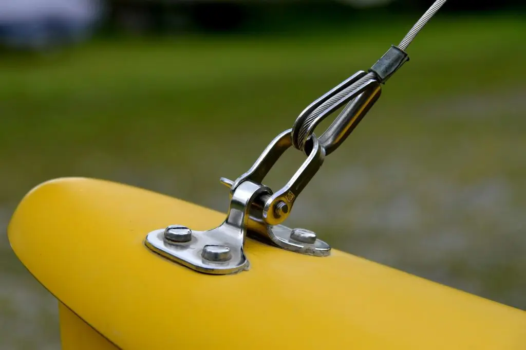 An eye bolt grips a surface tightly.