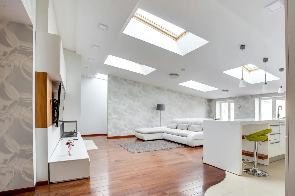 Living room with multiple skylights