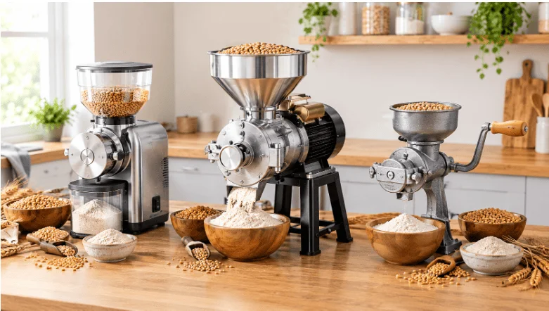 Electric-wheat-mill-and-swing-type-wheat-grinder-mill on a kitchen counter Electric wheat mill and swing-type wheat grinder mill on a kitchen counter