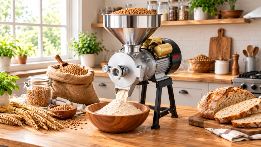 Grain mill for wheat berries turning whole wheat into fresh flour