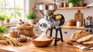 Grain mill for wheat berries turning whole wheat into fresh flour