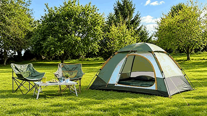 Green and gray 2-person camping tent on grass.