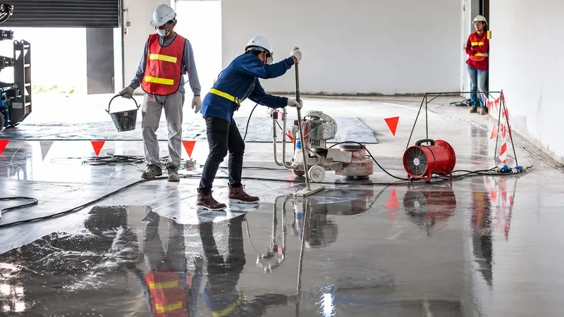 Betonggulvforberedelsesentreprenører som bruker gå-bak-slipemaskin