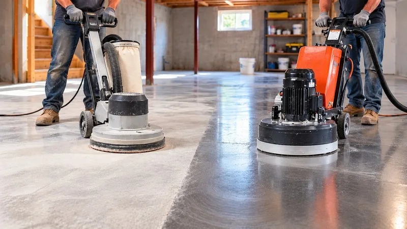 Concrete floor sander vs concrete grinder on a basement floor.