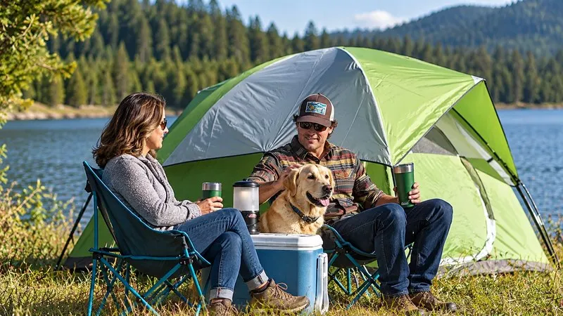 Famiglia che si rilassa accanto a una tenda da campeggio impermeabile vicino al lago.