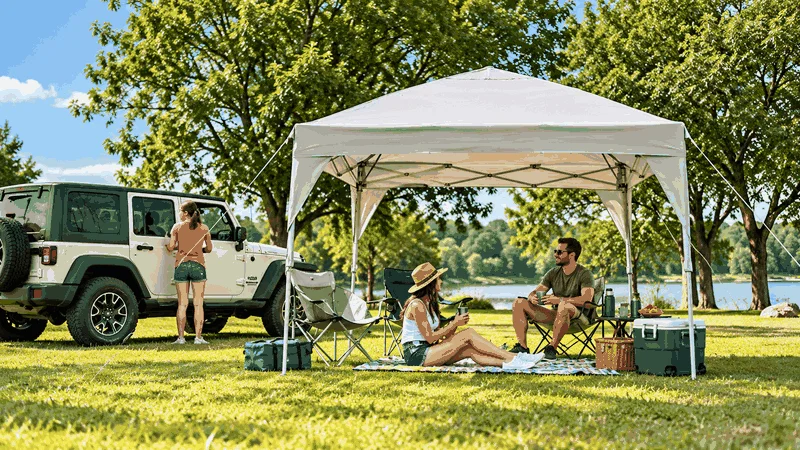10x10 pop up canopy tent at campsite.