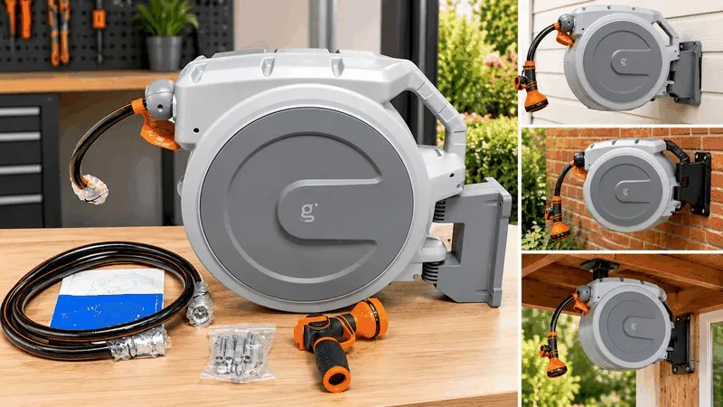 Gray retractable garden water hose reel with accessories