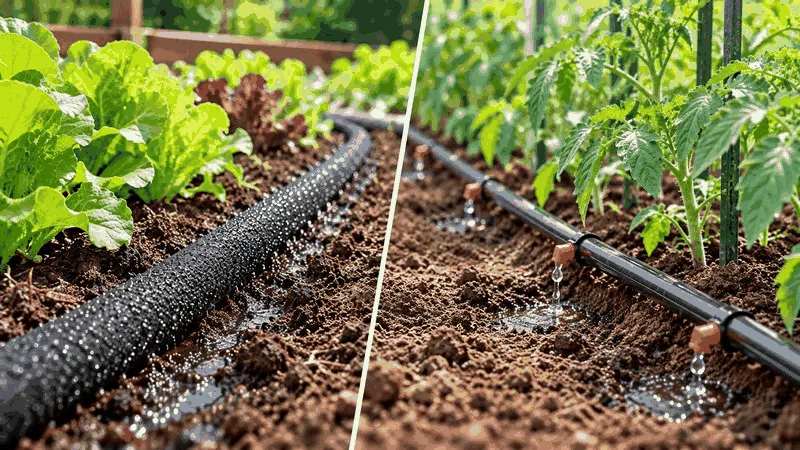 Soaker hose vs drip irrigation watering vegetable garden rows.