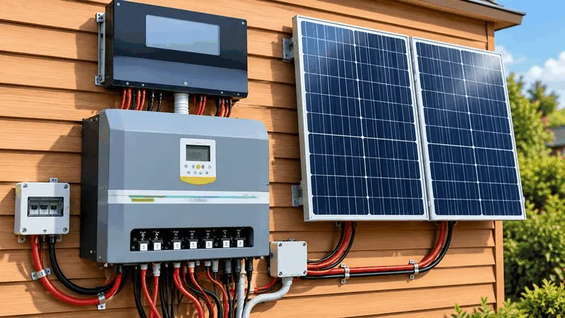 Wall-mounted off-grid solar inverter with panels and wiring.