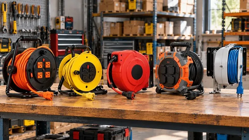 Different types of extension cable reels on workshop table.