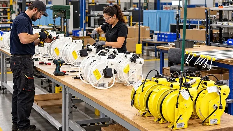 Operai intenti ad assemblare avvolgicavo per carichi pesanti in una fabbrica.