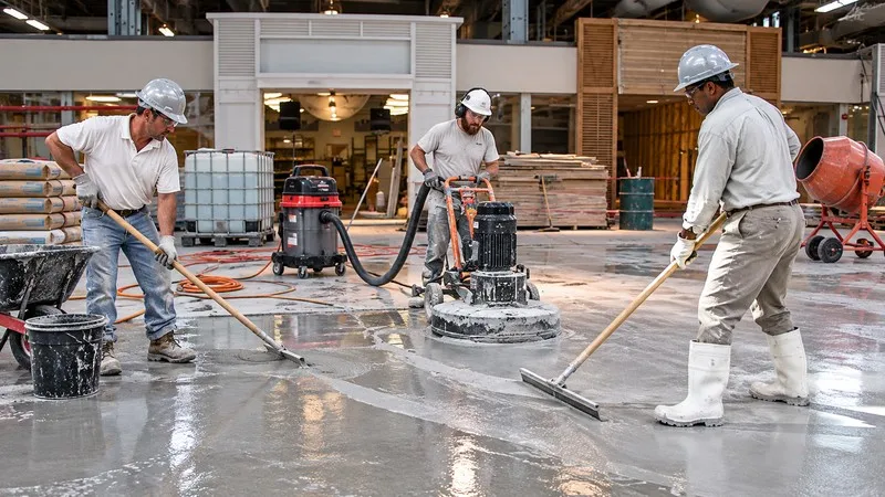 Concrete floor preparation workers grinding wet concrete.