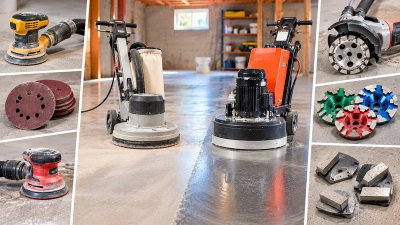 Concrete floor sander vs grinder with sanding pads and diamond discs.