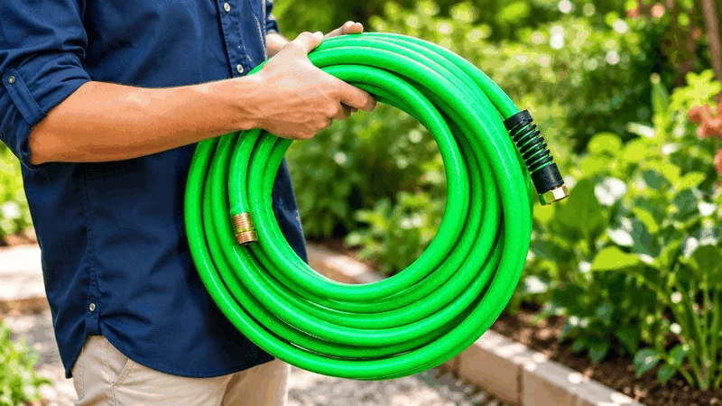 Man holding coiled green garden hose with brass fittings.