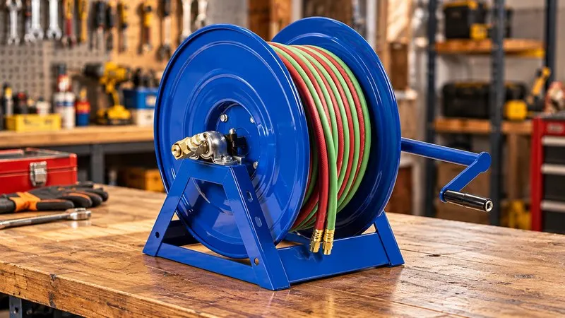 Manual extension cable reel on workbench.