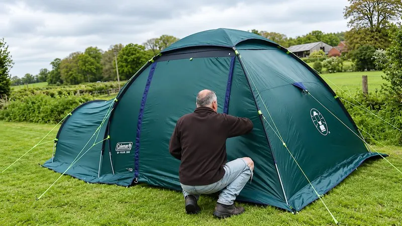 Uomo che monta una tenda da campeggio impermeabile sull'erba
