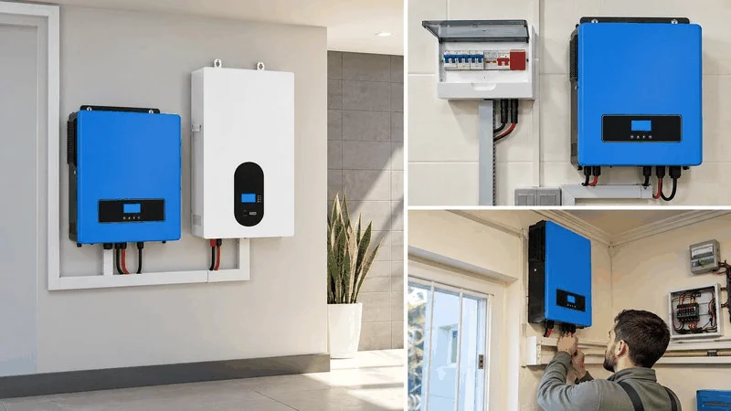 off-grid solar inverter installed on indoor wall.