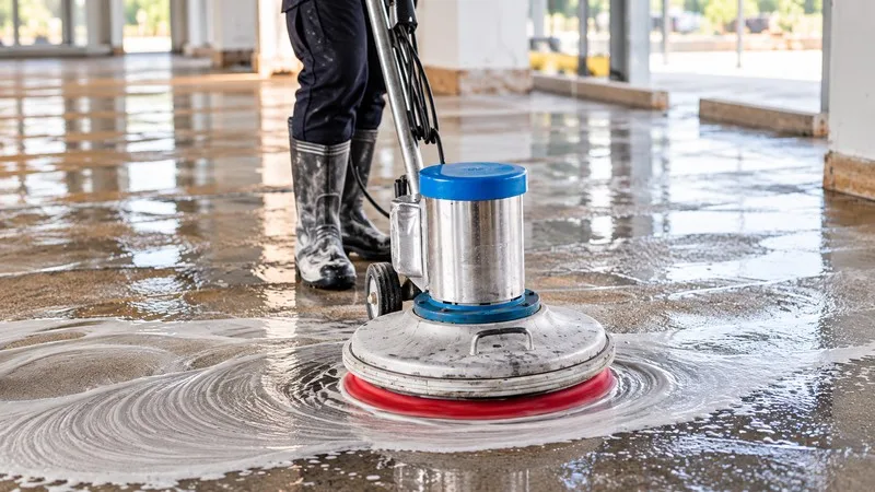 Cleaning concrete surface during floor preparation.