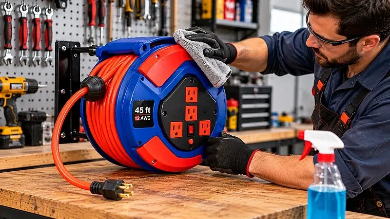 Man cleaning heavy duty extension cord reel in workshop.
