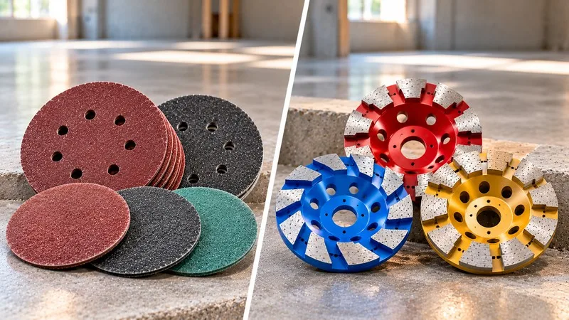 Concrete floor sander pads and diamond cup wheels.