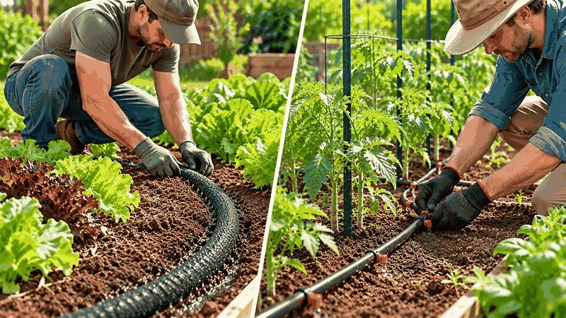 Men installing soaker hose vs drip irrigation in vegetable garden.