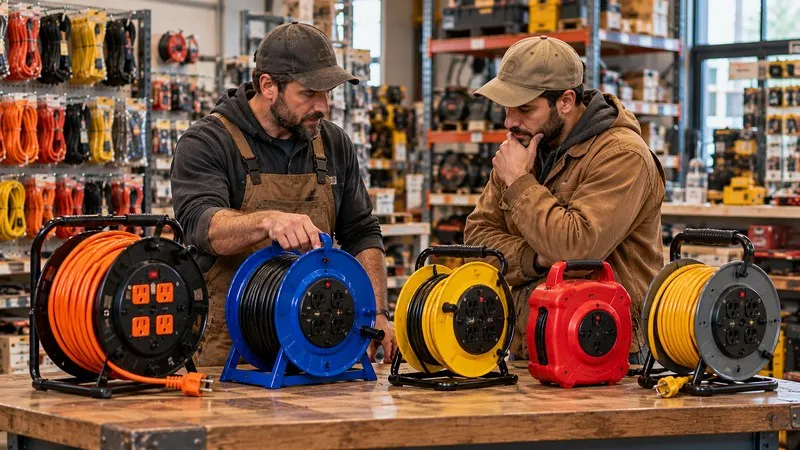 Men comparing extension cable reel models.