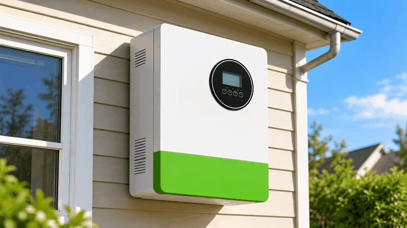 White off-grid solar inverter mounted on house siding.