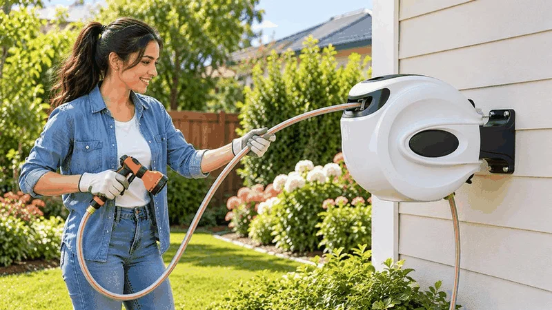 white retractable garden water hose reel.