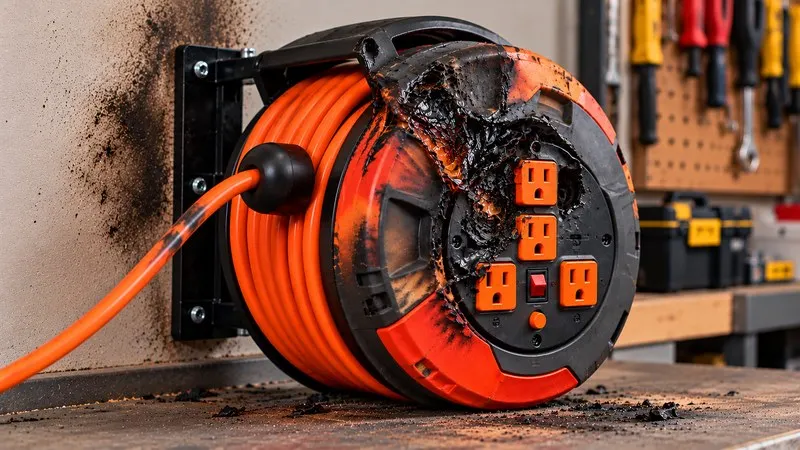 Burnt heavy duty extension cord reel from overheating