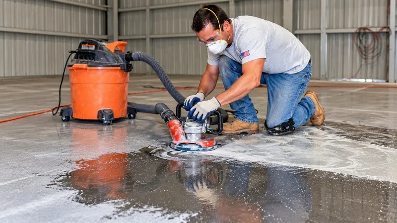 Concrete floor sander smoothing floor before painting.