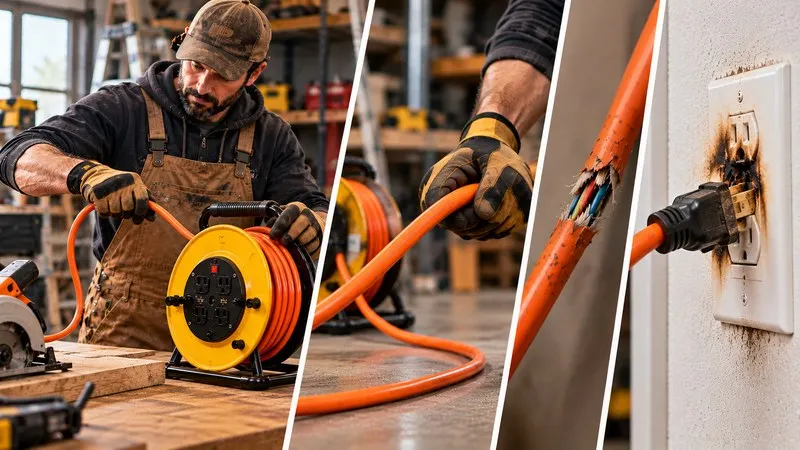 Extension cable reel safety tips: inspection, damage, and burnt outlet