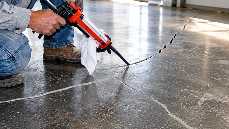 Repairing concrete cracks during concrete floor preparation.