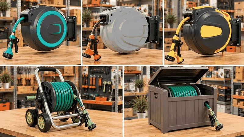 Five styles of garden water hose reel displayed.