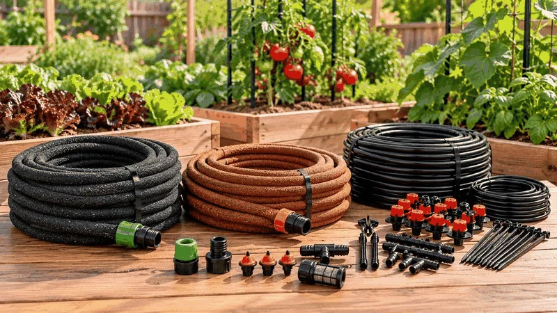 Soaker hose vs drip irrigation kits and accessories displayed.