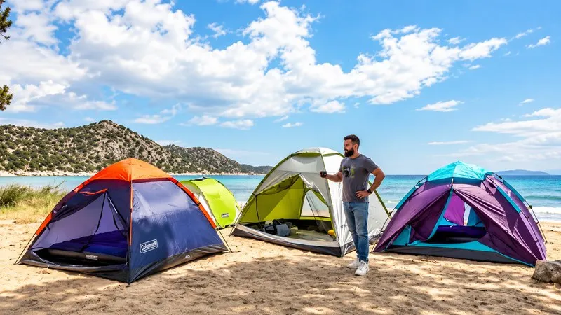 Un uomo confronta tende da campeggio impermeabili sulla spiaggia.