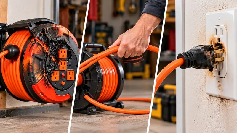 Heavy duty extension cord reel safety hazards and damage.