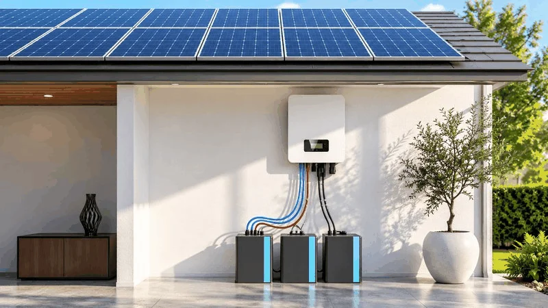 Hybrid solar inverter with battery storage and rooftop panels.