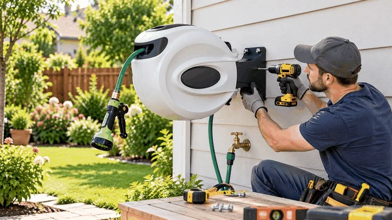 Man installing white garden water hose reel on wall.